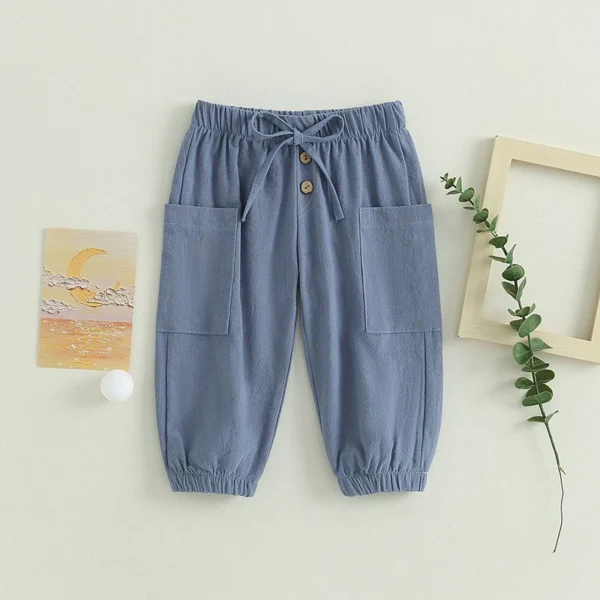 Cotton Linen Casual Baby Pants Toddler Boys Girls Casual Bottom Summer Autumn Solid Drawstring Button Children Pockets Trousers - Image 5