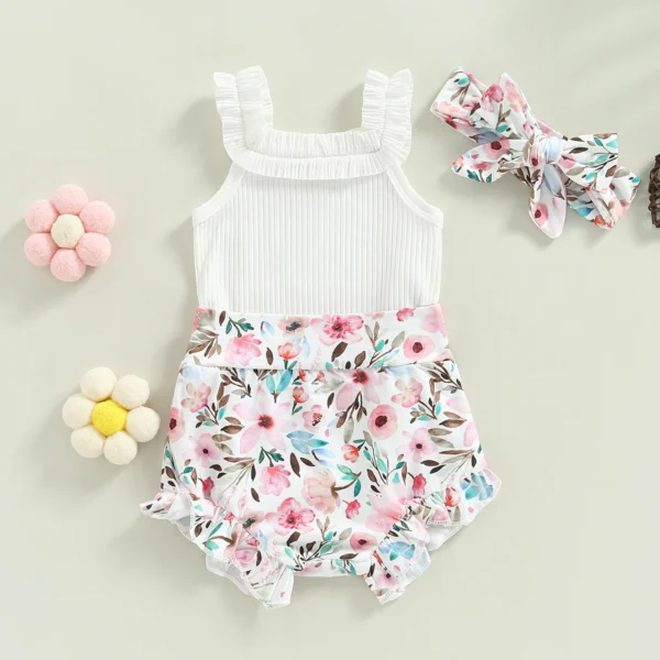 Infant Newborn Baby Girls Shorts Set, Sleeveless Romper + Flower/Rainbow/Butterfly Print Shorts + Hairband 3Pcs Set 0-18M - Image 6