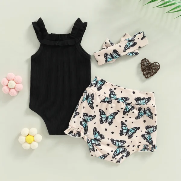 Infant Newborn Baby Girls Shorts Set, Sleeveless Romper + Flower/Rainbow/Butterfly Print Shorts + Hairband 3Pcs Set 0-18M - Image 3