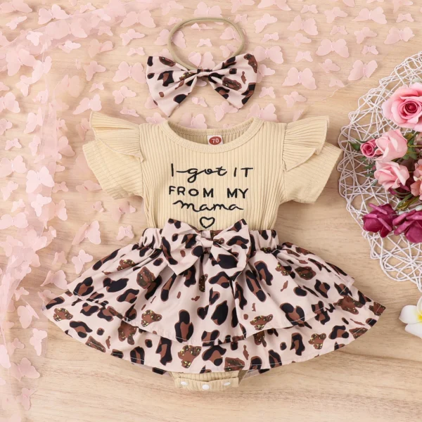Infant Newborn Baby Girl Summer Romper, Short Sleeve Round Neck Bow Front Patchwork Skirt Bodysuit - Image 4